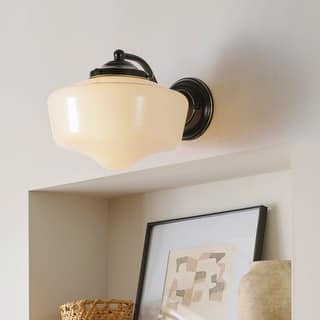 1-Light Vintage Black/Gold Dimmable Wall Sconce With Milky White Glass Shade for Bedroom