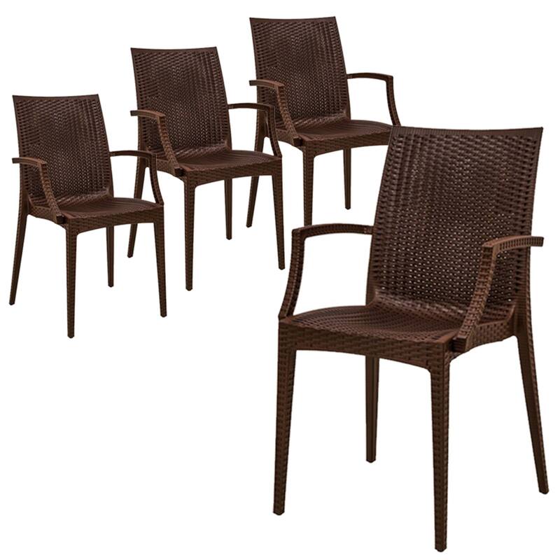 Mace Modern Textured Woven Style Outdoor Stackable Dining Arm Chair with UV Resistant for Patio or Garden Set of 4 - Brown
