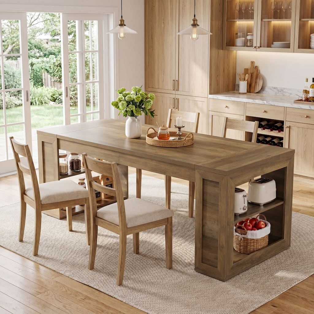 70.8-inch Rectangular Dining Table with Open Side Storage Shelves