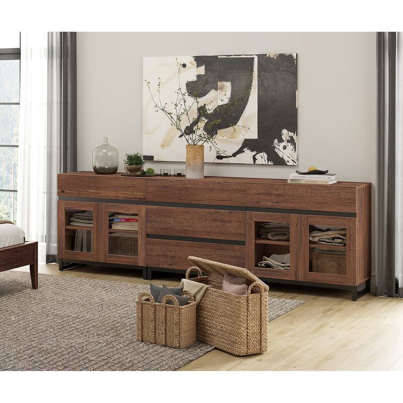 WAMPAT 3 in 1 Multifunctional Dresser with Glass Doors and 5 Drawers, Modern Chest of Drawers for Bedroom