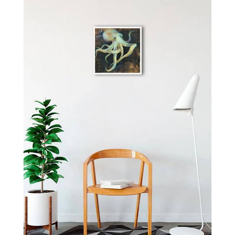 Ocean Octopus On Black Framed Poster - 18 x 18 Inch - White