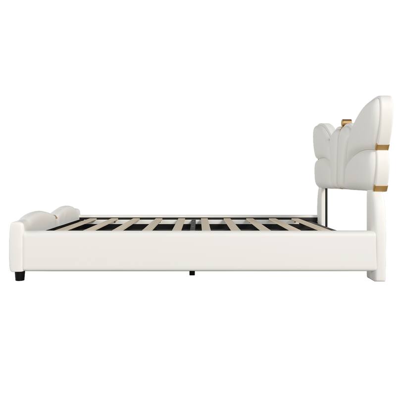 Queen Size Upholstered PU Leather Bed Frame with Butterfly Headboard, Gold Metal Decorations, No Box Spring Needed