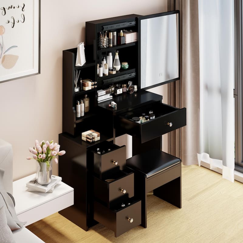 Vanity Desk with Control Sliding LED Mirror, Makeup Vanity with Cushioned Stool, Vanity Set with Hair Dryer Bracket