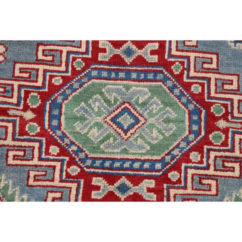 Light Blue Geometric Kazak Area Rug Hand-Knotted Wool Carpet - 4'0" x 5'10"