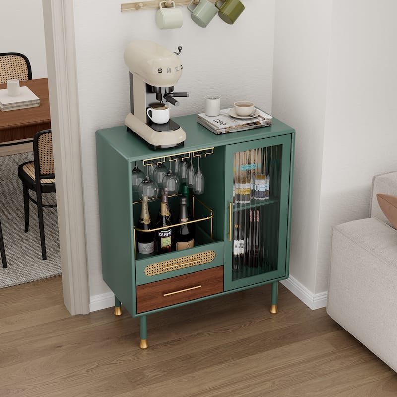 Modern Coffee Bar Cabinet with Wine Glass Rack and Storage Drawer - Green