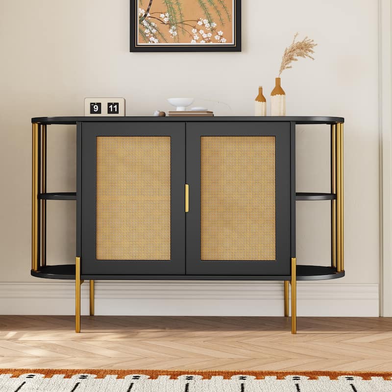 2-Door Elegant Curved Dining Cabinet with Gold Trim and Woven Rattan Doors for Dining Room