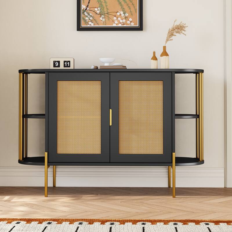 Curved Black Sideboard with Woven Rattan Doors and Open Storage