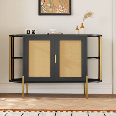 Modern Sideboard with Curved Shelves, Adjustable Storage, and Gold Accents for Kitchen or Dining Area