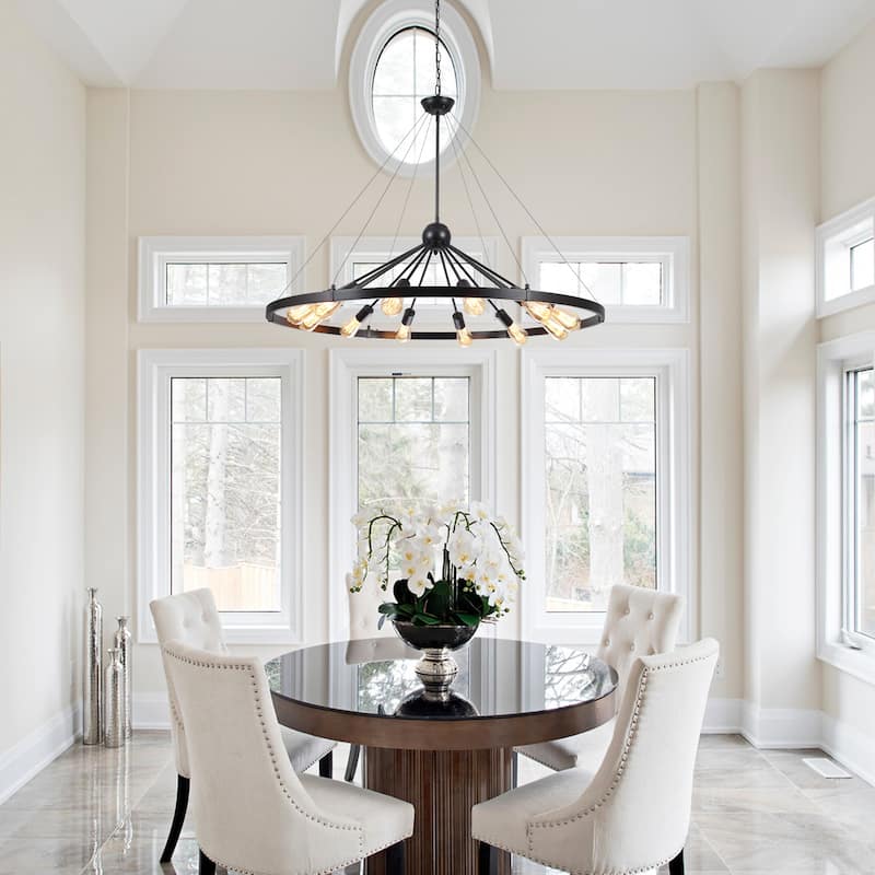 12-Light W43.3" x H90.55" Wagon Wheel Chandelier for Study Bedroom