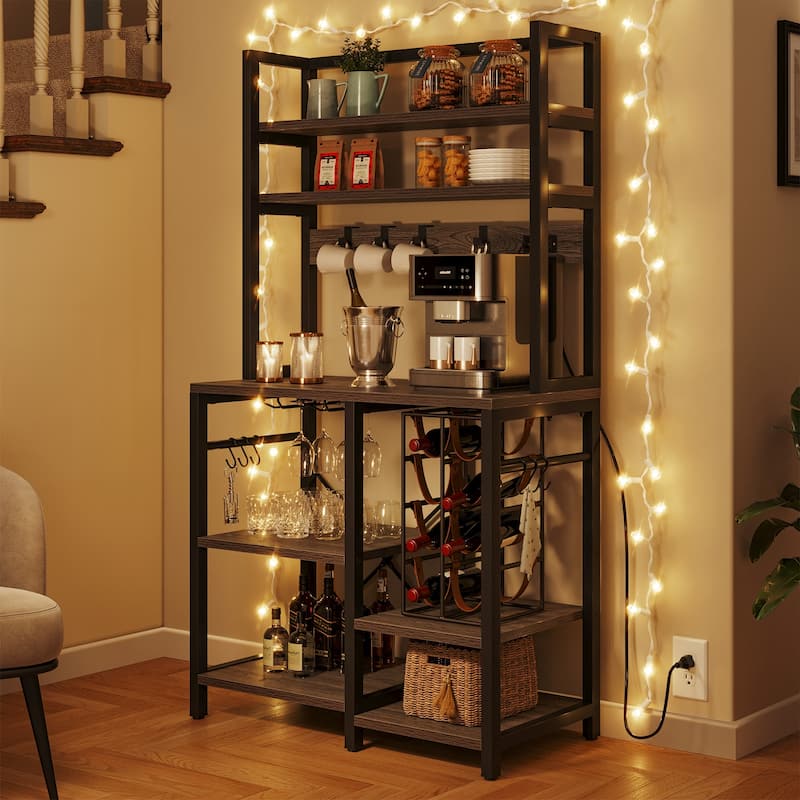 6-Tier Bakers Rack with Power Outlets Coffee Bar Station with Wine Glass Holder and Microwave Oven Stand