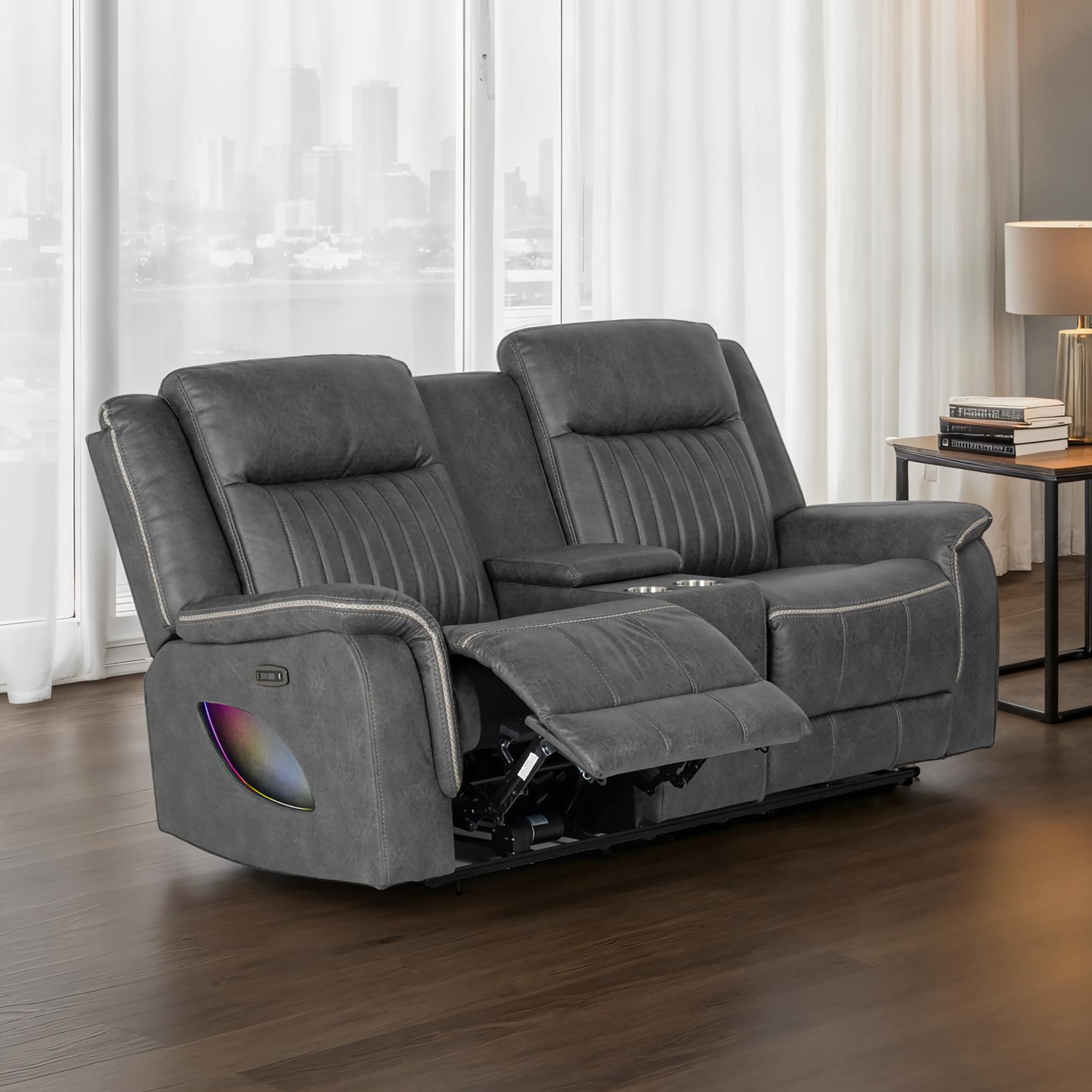 Furniture of America Arthon Fabric Power Loveseat with LED Light and Cupholders