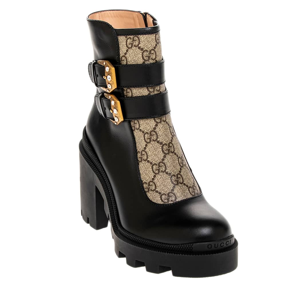 Gucci GG Supreme Ankle Boots with Buckles - Black Leather and Beige Canvas