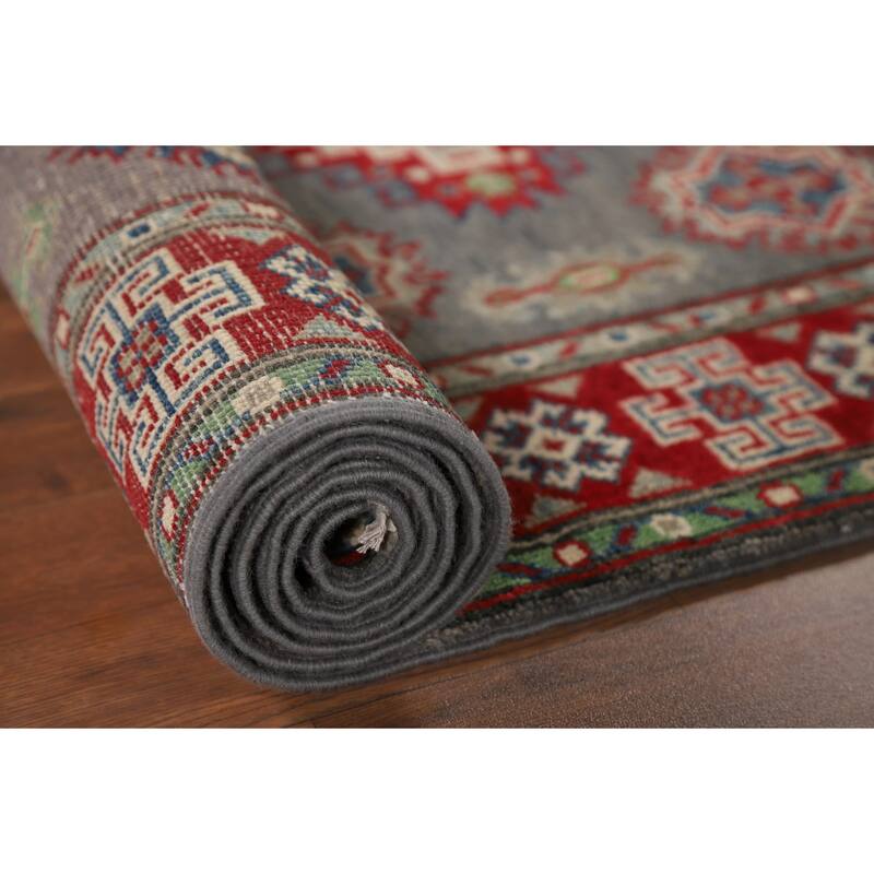 Gray Geometric Kazak Runner Rug Handmade Wool Carpet - 2'9" x 9'7"