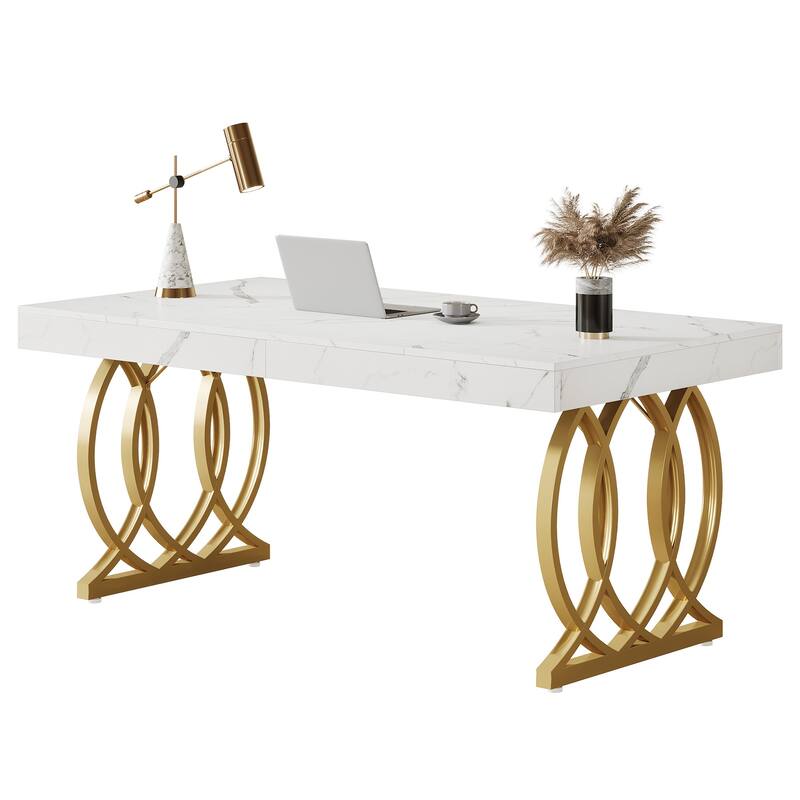 63 Inch Modern Computer Desk, White and Gold Office Executive Desk