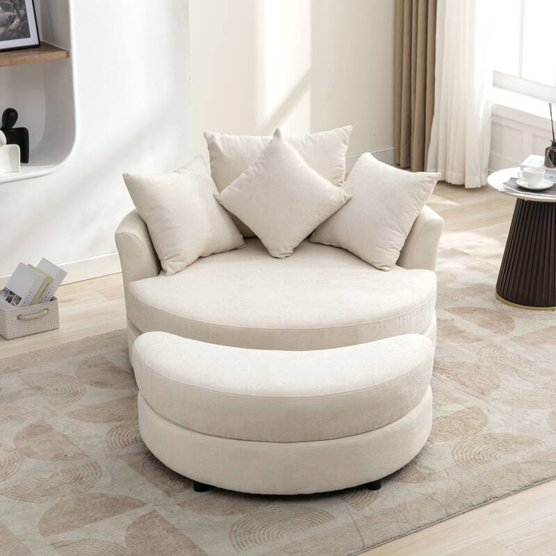 Roomfitters Modern 360° Swivel Barrel Chair with Hidden Storage Ottoman, Chenille Upholstery and Four Pillows