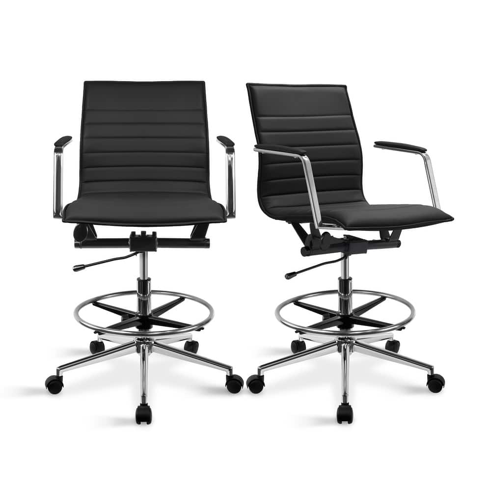 Set of 2 Modern Drafting Chair Upholstered PU Leather Ribbed Mid Back with Tall Adjustable Rest Computer Armchair