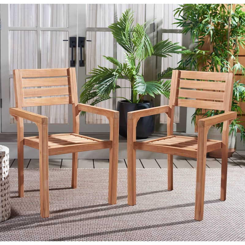 SAFAVIEH Outdoor Patio Furniture Leon Solid Teak Wood Stacking Chair (Set of 2) - 22"W x 24"D x 91"H - Natural