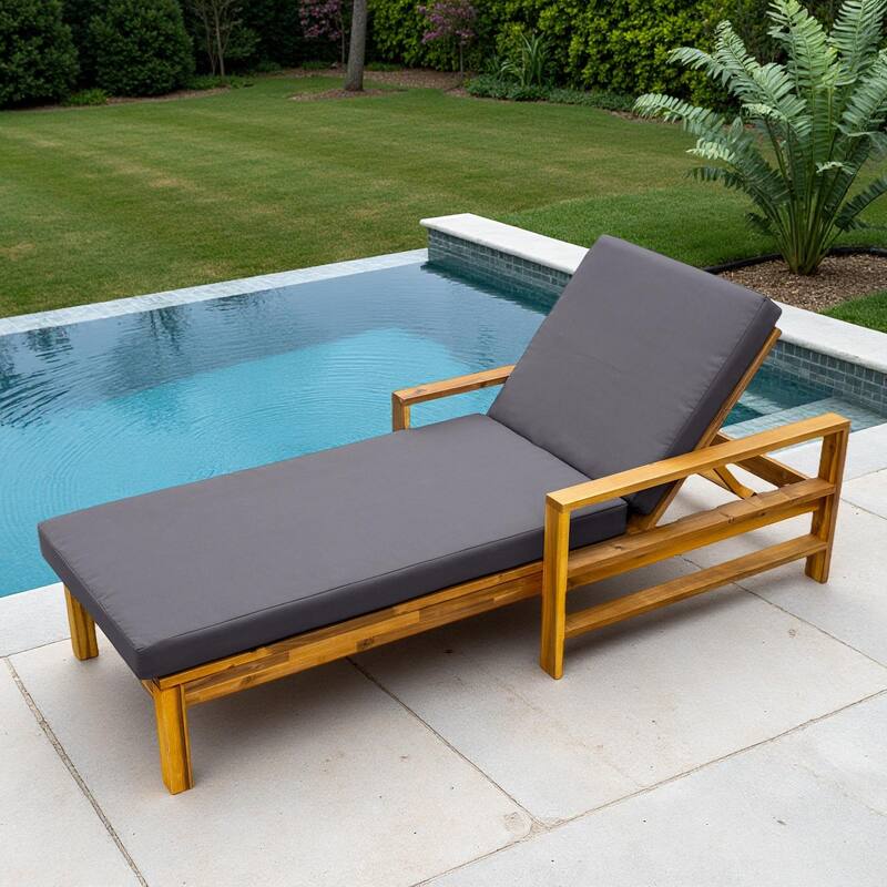 Outdoor Patio Acacia Wood Daybed Lounge Chair with Adjustable Backrest - Natural+Grey