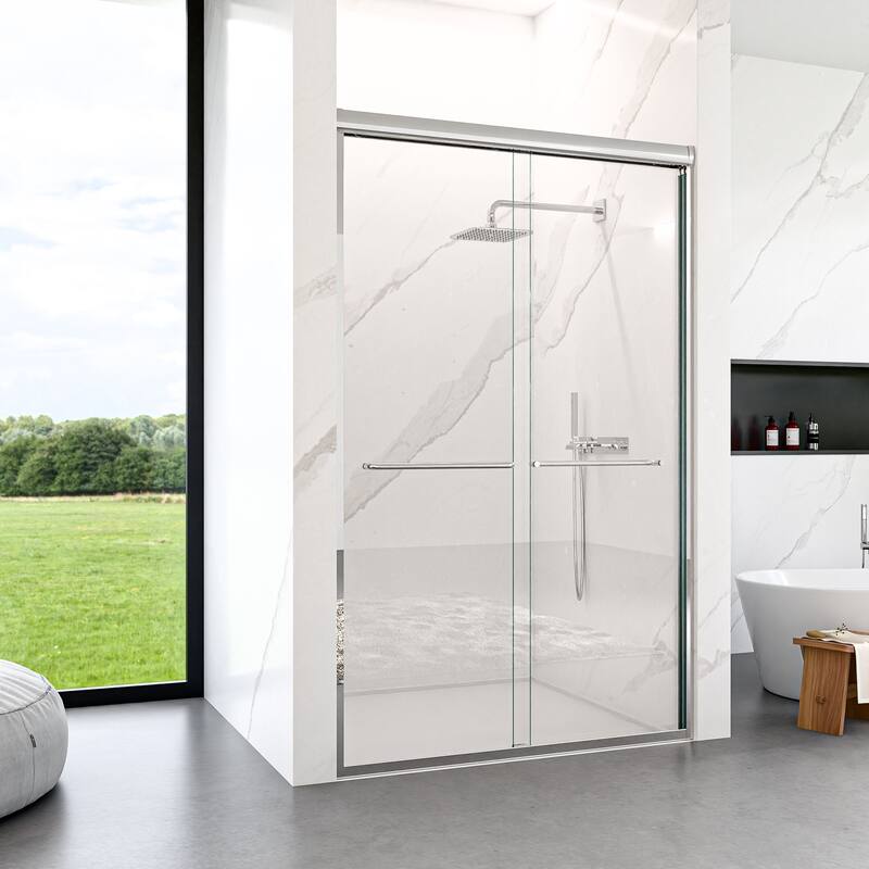 GDFStudio - Modern Semi-Frameless Double Sliding Shower Door with 1/4" SGCC Tempered Glass & Stainless Steel Handle