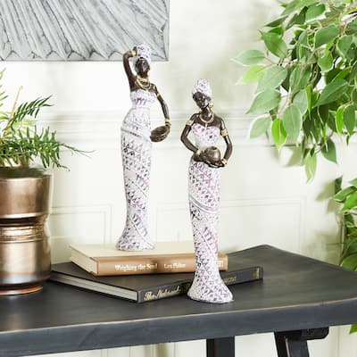 Multi Colored Polystone Standing African Woman Sculpture with Intricate Details (Set of 2) - 3 x 3 x 13