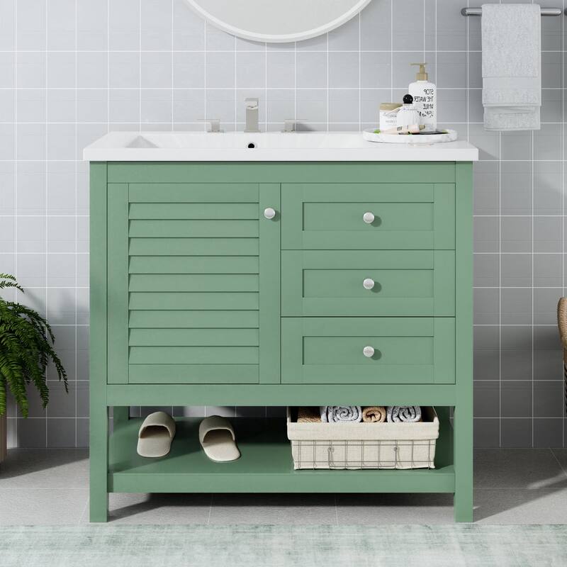 36 inch MDF Freestanding Bathroom Vanity Set in Green with Integrated Resin Sink