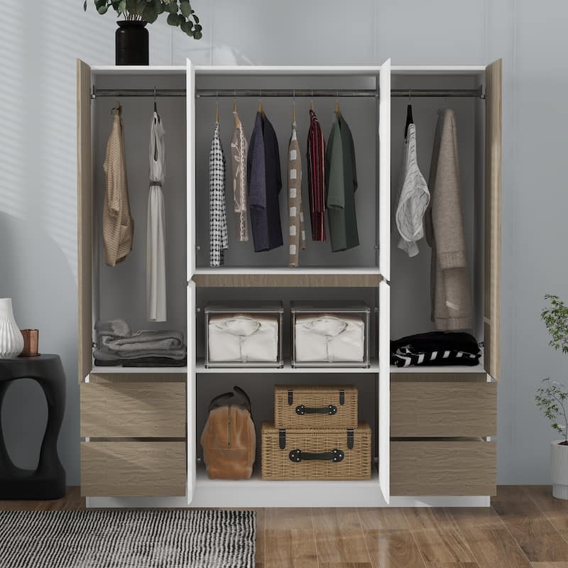 Roomfitters 6-Door Wooden Wardrobe with Inner Drawers, Hanging Rod and Storage Compartments