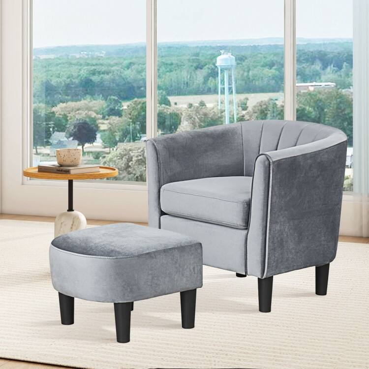 Modern Velvet Barrel Armrest Lounge Chair with Ottoman and Washable Cushion for Bedroom or Living Room