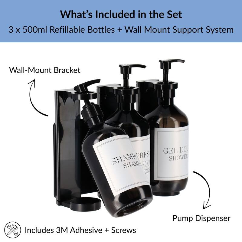 Set of 3 Black Wall-Mounted Shower Dispensers 17 fl oz (500ml) - 9.25 L x 3.75 W x 8 H
