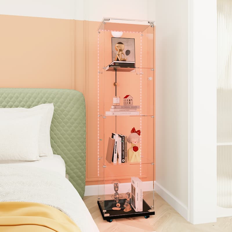 Tempered Glass Display Cabinet, Storage Cabinet, File Cabinet, Tempered Glass Top, Bluetooth LED Light Strip, with Door Lock