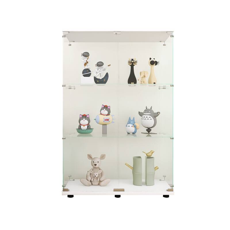 Two-door Glass Display Cabinet 3 Shelves with Door, Floor Standing Curio Bookshelf