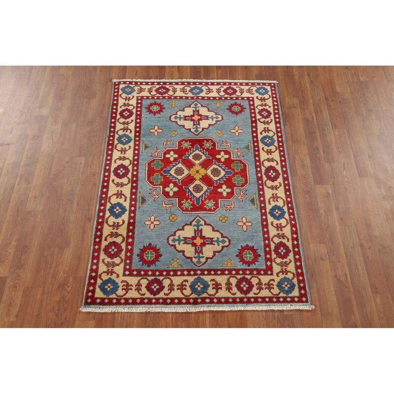 Blue Geometric Kazak Oriental Accent Rug Handmade Wool Carpet - 3'4" x 4'9"