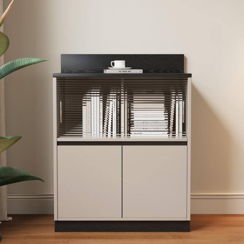 Modern 6-Drawer Storage Cabinet with Wavy Design and Black Wood-Grain Desktop