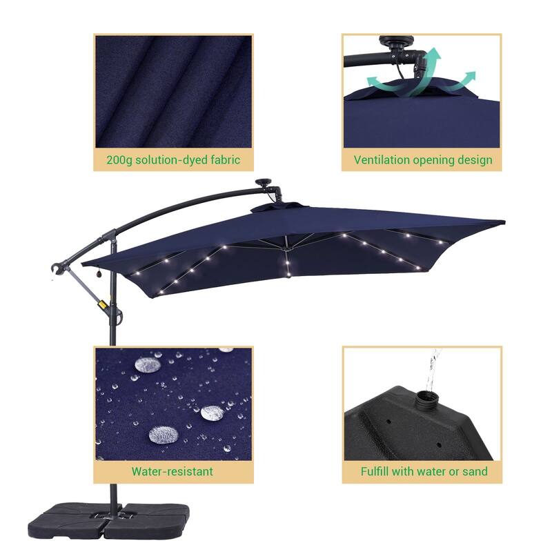 LIVOOSUN Solar Powered 8.2ft LED Patio Offset Umbrella With Base