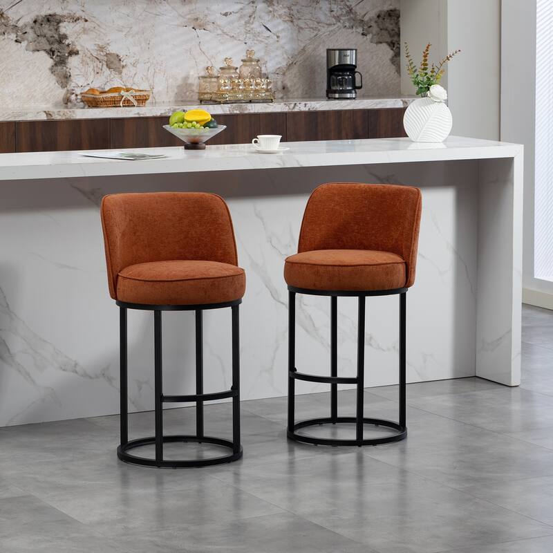 Counter Height Bar Stools Set of 2, Modern Barrel Counter Stools with Backrest, Linen Fabric Upholstered Accent Bar Stools