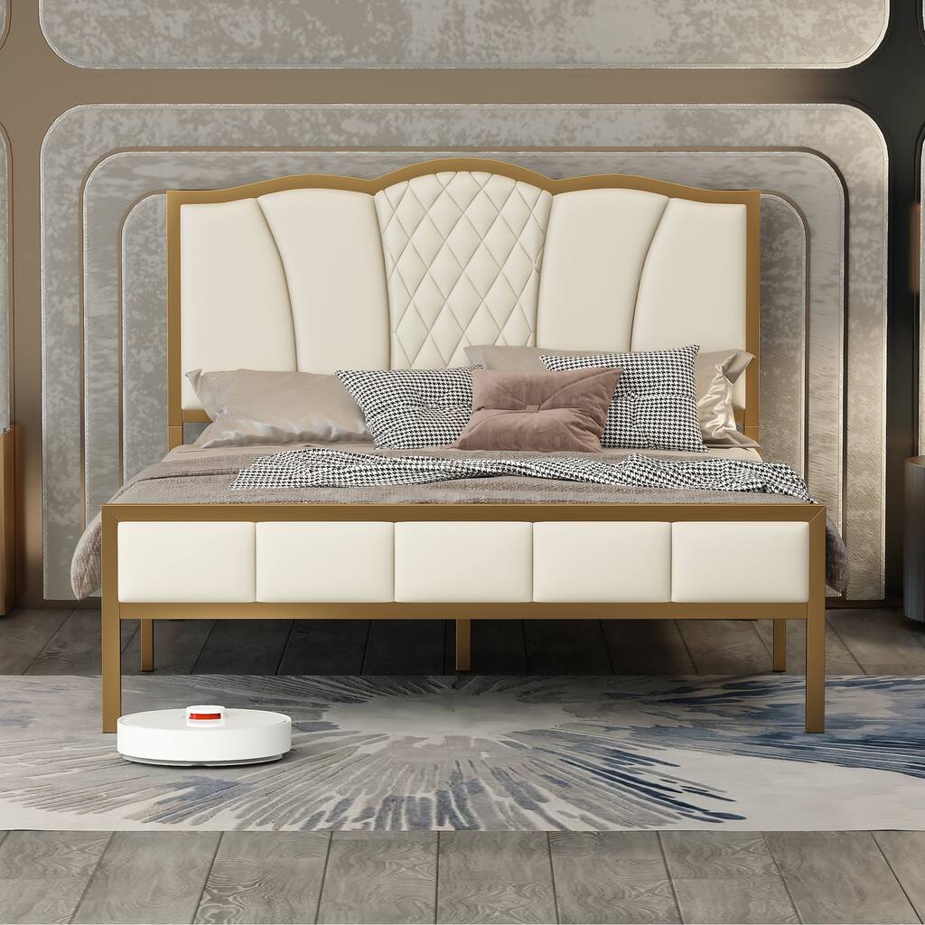 Full Size Bed Frame, Modern Upholstered Bed Frame with Tufted Headboard, Golden Metal Platform Bed Frame with Wood Slat Support