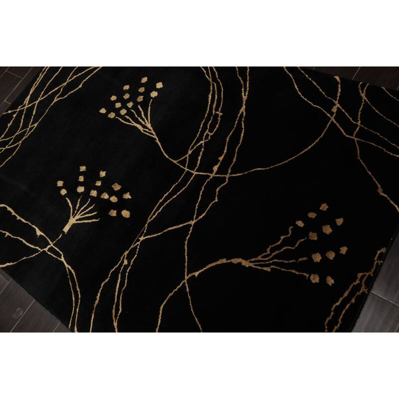 Wool & Silk Black Tibetan 4'x5'9'' Hand Knotted Contemporary Rug - 4' x 5' 9''