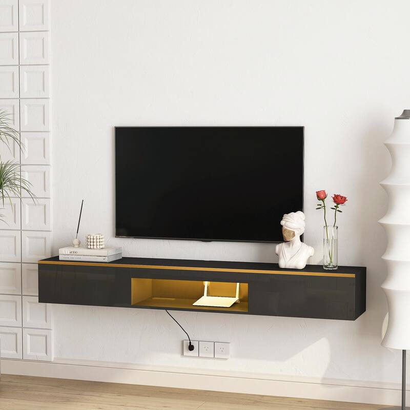 Floating TV Stand Wall Mounted with 16 Color LEDs, 69" Modern TV Stand