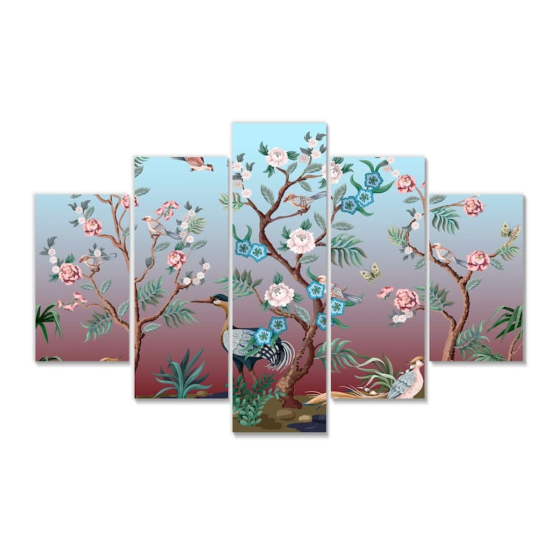 Designart "Chinoiserie With Birds and Peonies XI" Traditional Canvas Wall Art Print
