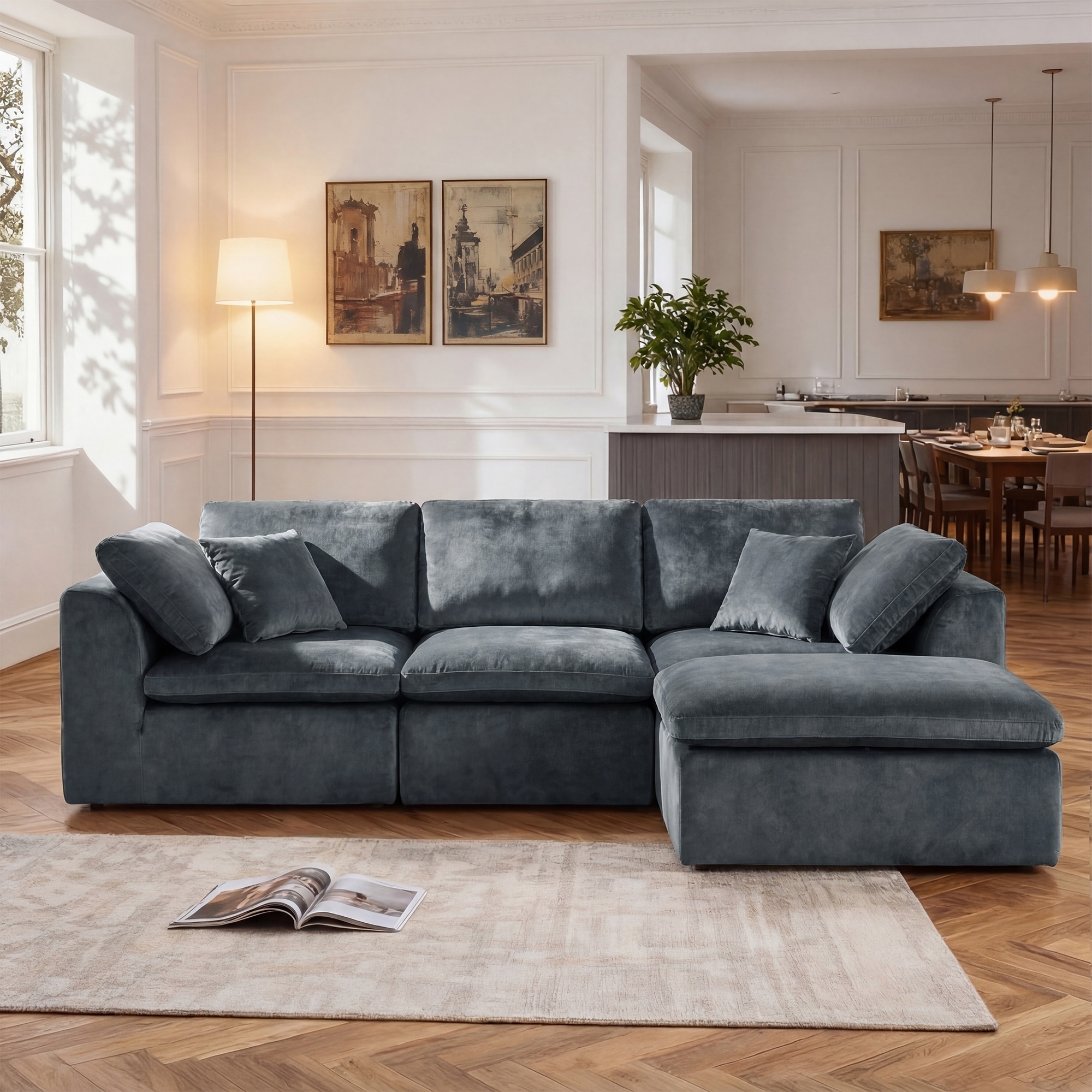 L-Shaped Chenille Sectional Sofa with Chaise Lounge, Living Room Modular Leisure Couch Chenille Sleeper Sofa