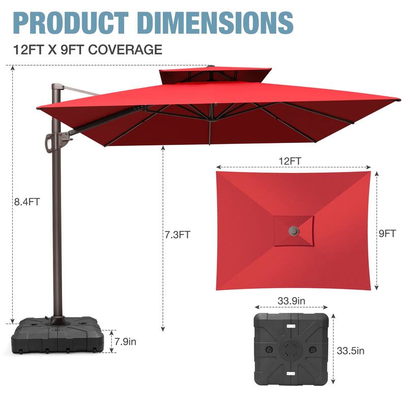 9 x 12 FT Outdoor Patio Double Top Rectangular Cantilever Umbrella with Wheel Base