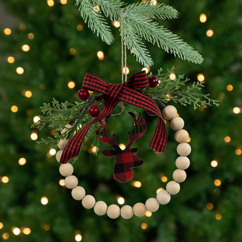 Plaid Reindeer with Pine and Berries Christmas Wreath Ornament - 7.5" - 5.5"