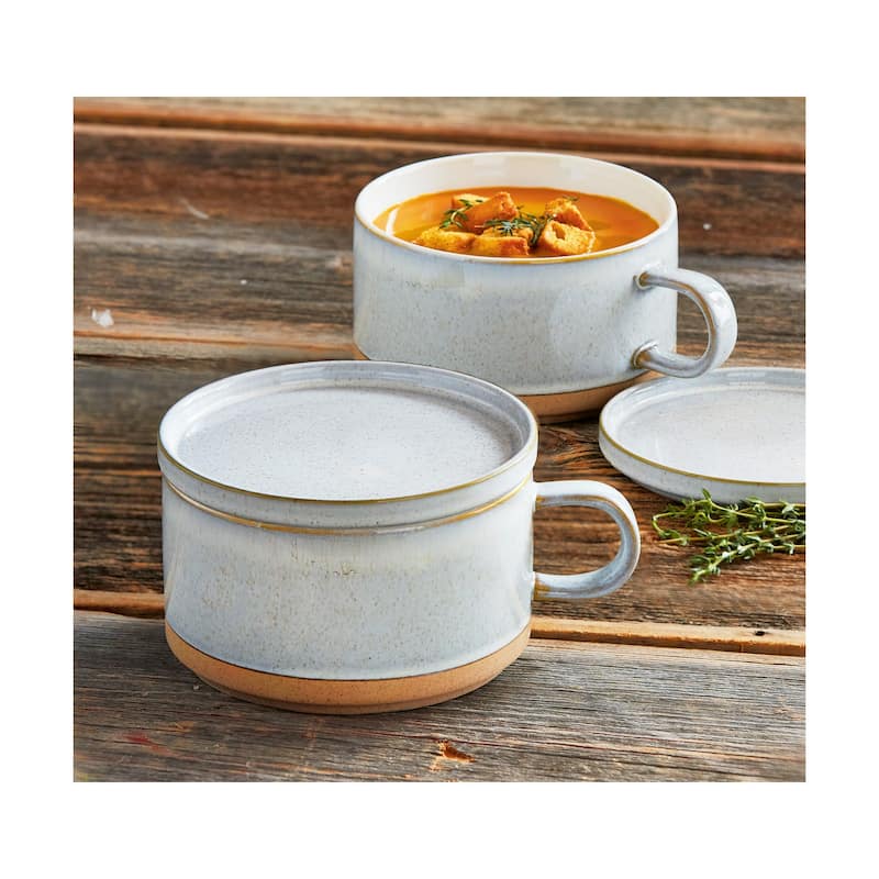 Stacking Soup Mug with Lid 20oz Ceramic White Multi Dishwasher Safe Perfect for Christmas 3.5in H x 7in L x 5.5in W