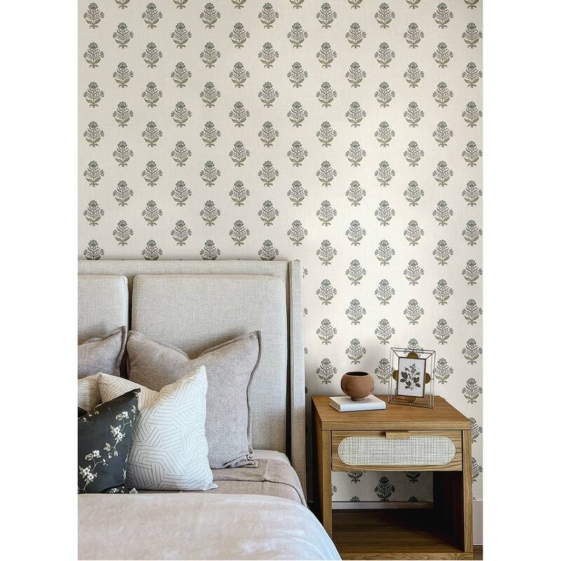 Chesapeake Hollyhock Aqua Floral Crest Wallpaper