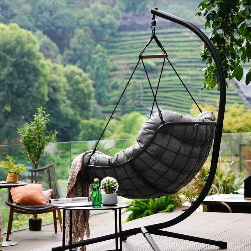 Outdoor Swing Chair with Stand and Cushion, E-Coated Hanging Chair - Black