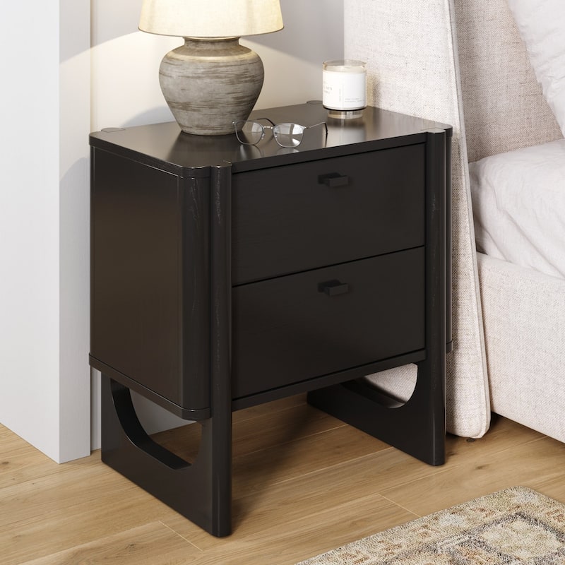 Solace Mid Century Modern 2-Drawer Nightstand with Solid Wood Frame and Rounded Details - Black - Single