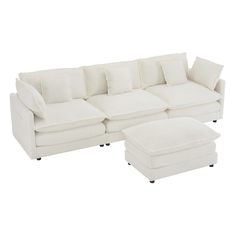 112.6" Corduroy L-Shaped Sectional Sofa with Ottoman and Storage Pockets