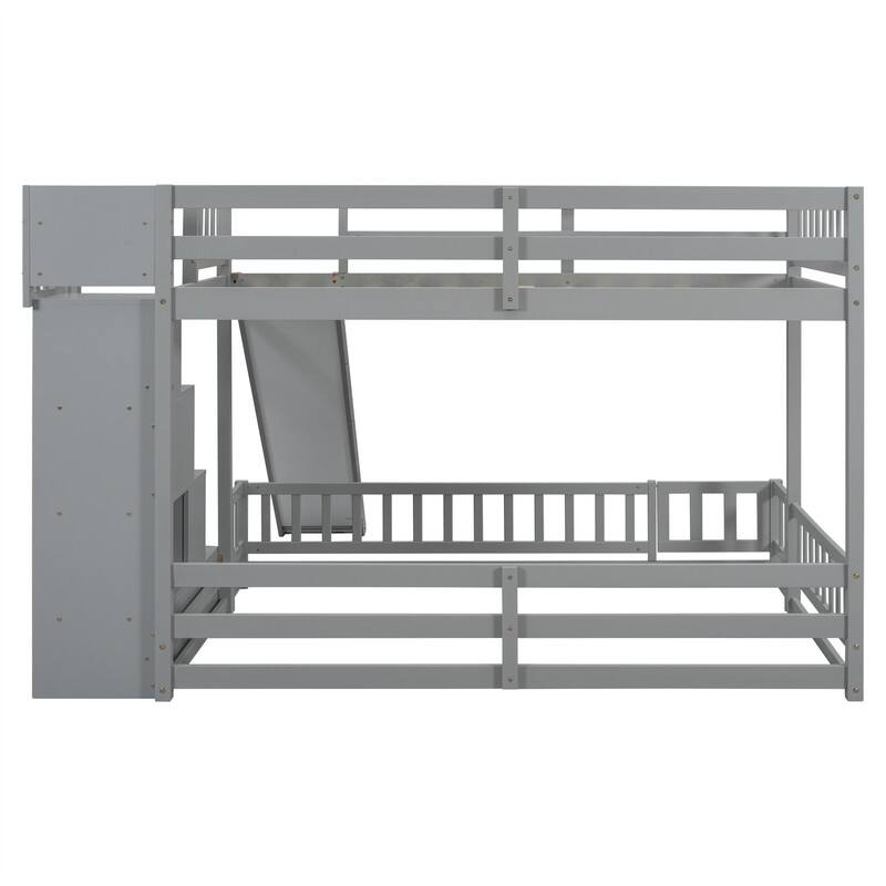 Twin Over Full Multifunctional Kids Bunk Bed Frame with Slide, Wooden Loft Bed with Storage Staircase and Guardrails