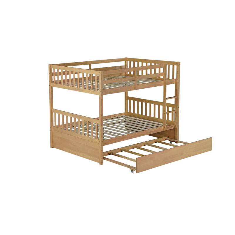 Roomfitters Full Over Full Rubber Wood Bunk Bed with Trundle, Convertible to Two Full Beds with Ladder and Guardrails