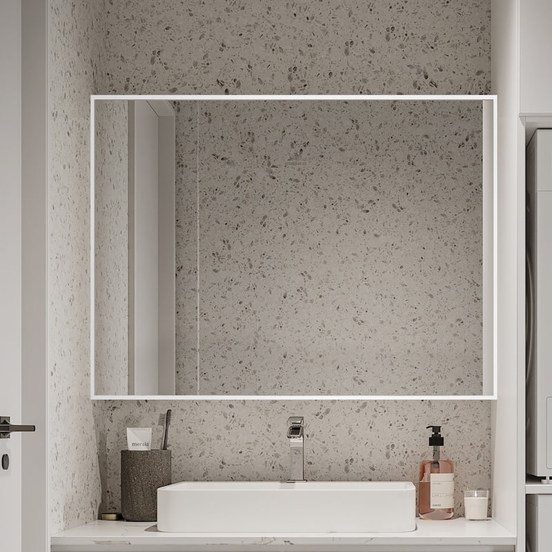 Venta Modern White Framed Wall Bathroom Vanity Mirror with Dual Mounting Brackets