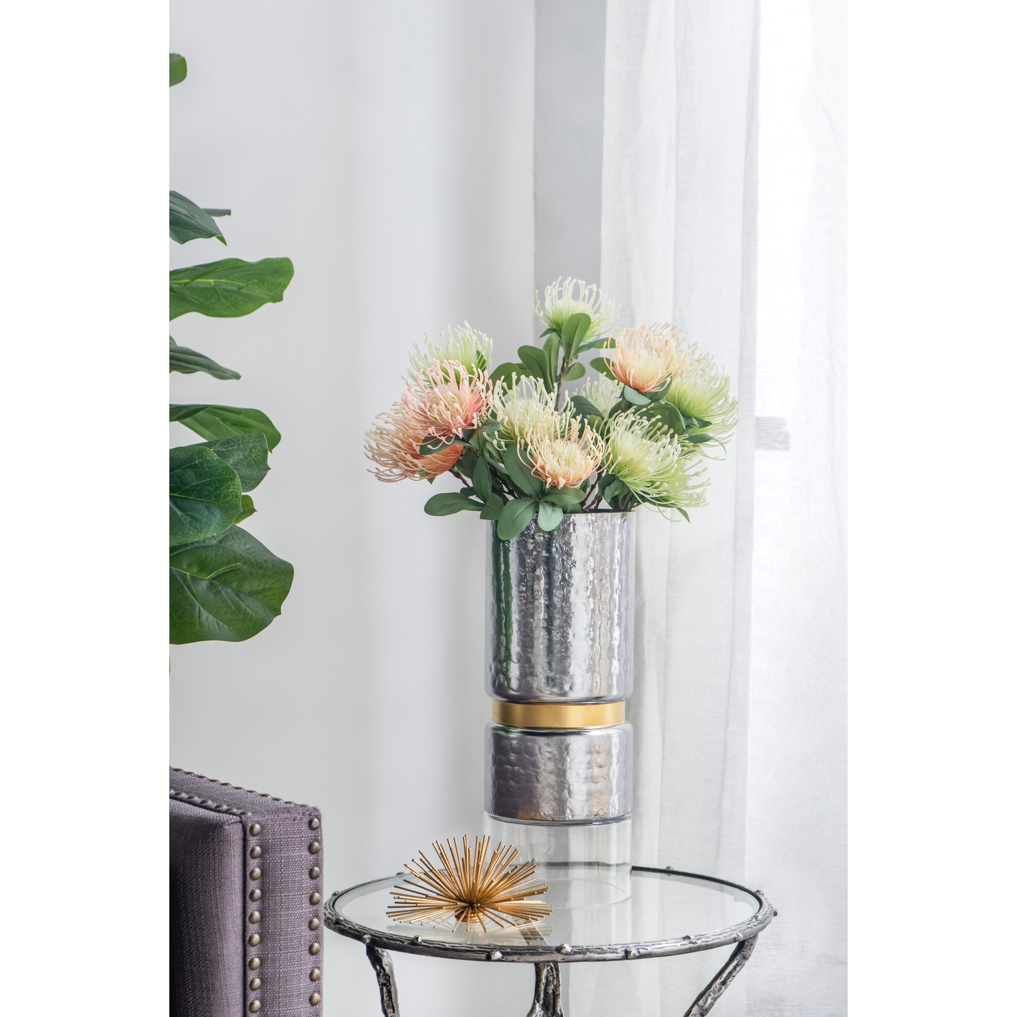 Hammered Silver and Gold Glass Candle Holder Tall Cylinder Vase for Table Centerpiece Decor